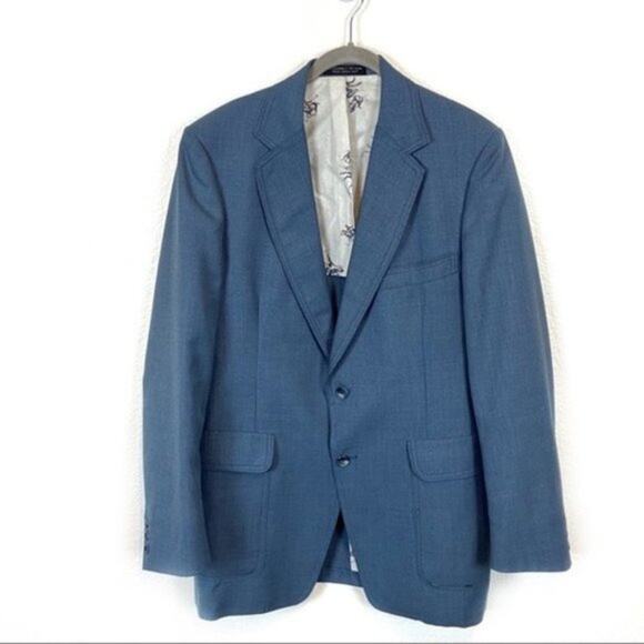 Sport Coat Vintage 70s Sewell Poly Men's Blue Wool Blend Long Sleeve Size 42 L